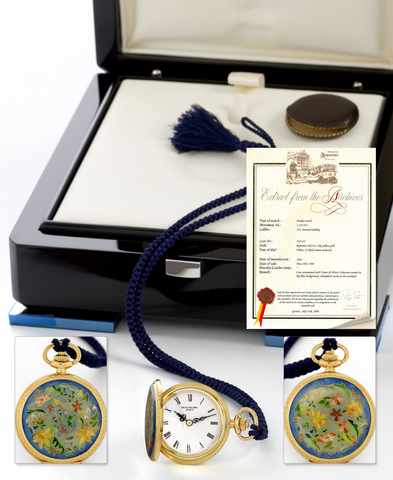 Patek Philippe hunting cased cloisonne.enamel fob watch.Patek Philippe Cie., Geneve, No. 1335215, case No..542651. Ref. 885/14. Made in 1983, sold on May 28th 1984..Fine and unusual decorative 18K gold and enamel hunting.cased keyless fob watch. Accompa