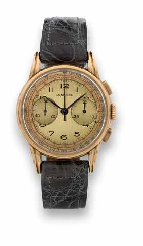 LONGINES CAL.13ZN CHRONOGRAPH.Longines, Swiss, movement No. 7260209. Made.in the late 1950's..Fine and unusual, large, 18K pink gold.wristwatch with square button fly-back.chronograph, instantaneous 30-minute register.in a French case with prominent shoul