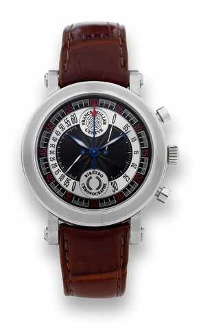 FRANCK MULLER BI-RETROGRADE CHRONOGRAPH.Franck Muller, Geneve, Master of Complications No. 15..Bi-Retro Ref. 7000 CC B. Produced circa 2000..Fine and unusual, self-winding, stainless steel bi-retrograde.wristwatch with round button chronograph, 30-minute.