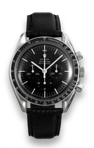 Omega Speedmaster cal 321.Omega, Speedmaster Professional.movement No. 18945447, Ref. S.105.012-66. Made in the 1960's..Fine and rare, asymmetric, waterresistant.stainless steel wristwatch with.round button chronograph, registers and.tachometer. Accompani