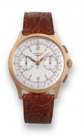 Longines Cal. 13ZN, Retour en Vol.Longines, movement No. 5827377, case No. 5967 40 52..Made circa 1952..Very fine and rare, large, 18K pink gold wristwatch with.square button fly-back chronograph, instantaneous 30-minute.register, telemeter, tachometer an
