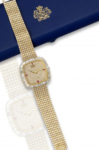 Piaget Diamonds rubies.Piaget, movement No. 788986, case No. 314309, Ref. 12772..Made circa 1982, special order, probably unique piece..Very fine, important and elegant, cushion-shaped, 18K yellow.gold, diamond and ruby wristwatch with an 18K yellow gol