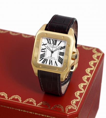 cartier Santos 100 gold.Cartier, Santos 100, Automatic, case No. 96165MX.Ref. 2657. Production of this model started in 2004.to commemorate the 100th anniversary of the Santos.wristwatch. Made circa 2006..Fine, square and curved, center seconds, self-wind