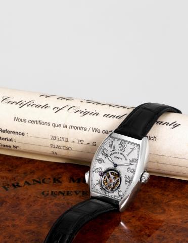 Franck Muller Platinum Revolution Tourbillon.Franck Muller, Geneve, Cintree Curvex Revolution Master Imperial Tourbillon, No. 34, Ref. 7850 T REV. Made circa 2007..Very fine and very rare, large, curved tonneau-shaped, platinum wristwatch with visible one