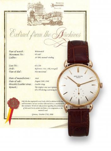 Patek Philippe Pink Gold Ref. 1461, Claw Lugs.Patek Philippe, Geneve, movement No. 951687, case No..651550, Ref. 1461. Made in 1948, sold in August 26th, 1948..Fine and rare, 18K pink gold wristwatch with claw lugs and an.18K pink gold buckle. Accompanied