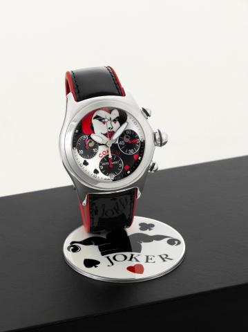 Corum Joker.Corum, Joker - Automatic, No.427/ 777, case No. 794909.Ref. 285.240.20. Made in a limited edition of 777 pieces in.2001 and sold in 2003..Fine and unusual, curved, self-winding, water-resistant.stainless steel, wristwatch with round button chr