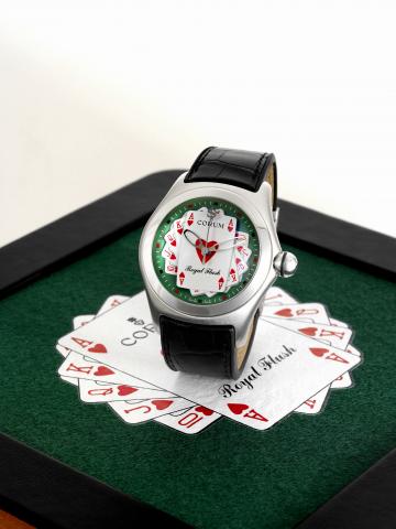 Corum For Poker Player.Corum, Bubble _ Royal Flush, case No. 1754346.Ref. 082.170.20. Made in a limited edition in 2006..Fine and unusual, large and curved, self-winding, water.resistant, stainless steel wristwatch with center-seconds, thick.domed crystal