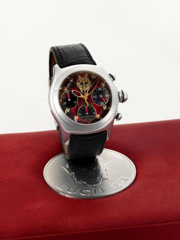 Corum Lucifer.Corum, Bubble Chronograph _ Lucifer, No. 204/666, case.No. 1682664, Ref. 285.340.20. Made in a limited edition of.666 pieces in 2004..Fine and unusual, large, curved, self-winding, water-resistant.stainless steel wristwatch with round-button