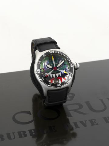 Corum Dive Bomber.Corum, Bubble-Dive Bomber, case No. 1704575.Ref. 82.180.20. Made in a limited edition in 2004..Fine and unusual, center-seconds, self-winding, waterresistant.curved, stainless steel wristwatch with date, thick.domed crystal creating a le