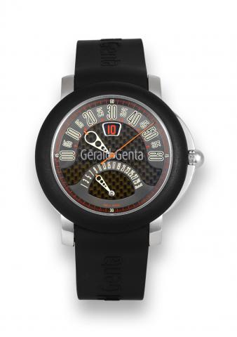 G_rald Genta Arena BiRetro.G_rald Genta, Arena BiRetro, case No. 116324.Ref. BSP.Y.10. Made circa 2005..Fine, center seconds, self-winding, water-resistant, jump hour.stainless steel wristwatch with retrograde minutes, retrograde.date and a G_rald Genta b