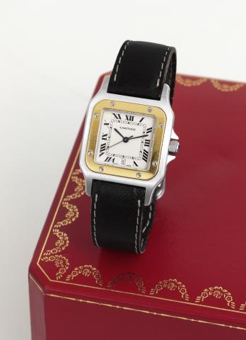 Cartier Santos Carr_e galbee.Cartier, Santos Carr_e, Quartz, No. BB 085776, Ref. 1566..Made in the 1990s..Fine, square and curved, center seconds, water-resistant.stainless steel and gold quartz wristwatch with date and a.stainless steel Cartier deployant