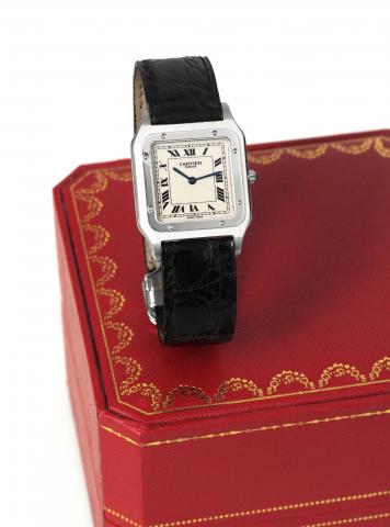 Cartier Platinum Santos.Cartier, Paris, Santos Mecanique, case No. 0063MG.Ref. 1575B. Made in the 1990s..Very fine and elegant, square, thin, platinum wristwatch with.an 18K white gold Cartier deployant clasp. Accompanied by.a Cartier box.