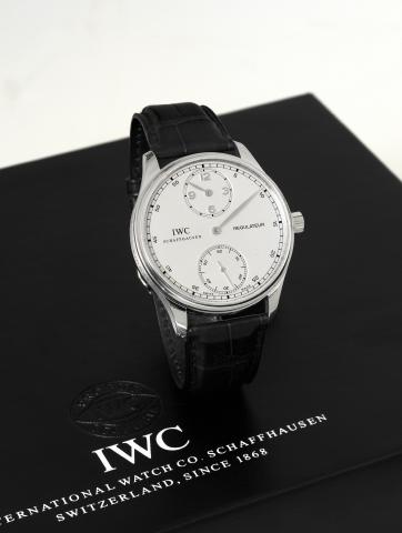 IWC Platinum Portugieser Regulateur.IWC, Internation Watch Co., Schaffhausen, Portugieser Regulateur, No. 178/500, movement No. 2672684, case No. 3221461.Ref. 5444. Made in a limited edition of 500 pieces in platinum in 2006..Very fine, large, water-resis