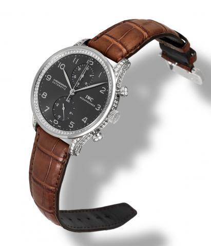 IWC Portugieser Chrono-Automatic with Diamonds.IWC (International Watch Co.), Schaffhausen, Portuguese - Chronograph Automatic, case No. 3184678, Ref. 371441..Made in 2007..Very fine, large, self-winding, 18K white gold and diamond-set wristwatch with rou