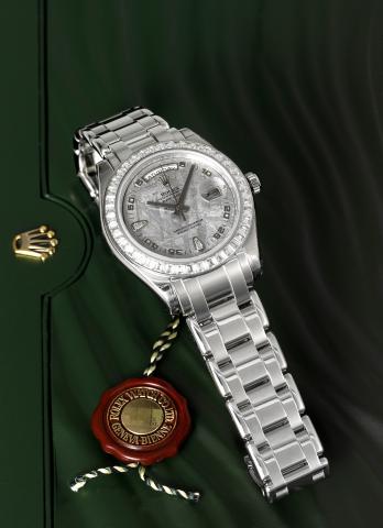 Rolex Ref. 18956, Special Edition Meteorite, Platinum Diamond.Day-Date.Rolex, Oyster Perpetual, Day Date, Superlative Chronometer Officially Certified, case.No. Z809964, Ref. 18956BR. Made in 2006..Very fine and rare, heavy, tonneau-shaped, water-resist