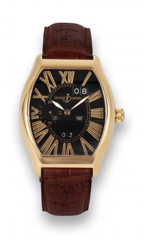 Ulysse Nardin Ludovico Perpetual.Ulysse Nardin, Ludovico Perpetual Calendar, No. 169.Ref. 336-48. Sold in December 2002..Fine, tonneau-shaped, self-winding, water-resistant, 18K.pink gold wristwatch with perpetual calendar and an 18K.pink gold Ulysse Nard