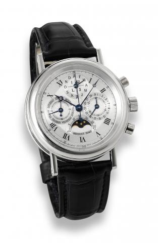 Breguet Quantieme Perpetuel.chronograph.Breguet, Chronograph, Quantieme Perpetuel, No. 3043 G.movement No. 1363, Ref. 3617. Made in the 1990's..Very fine and rare, platinum wristwatch with round button.chronograph, register, perpetual calendar with phases