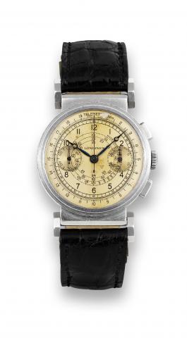 Longines Staybrite Caliber 13ZN.Chronograph _ Mobile Lugs.Longines, movement No. 580237, case No. 19717 12. Made.in the 1930s..Fine and rare, stainless steel 