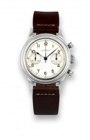 Longines Cal. 13ZN.Retour en Vol.Longines, Chronograph, movement.No. 7222748, case No. 23432, Ref. 30. Made in.the 1930s..Fine and rare, stainless steel wristwatch with.round button fly-back chronograph, register and.a stainless steel Longines buckle..To 