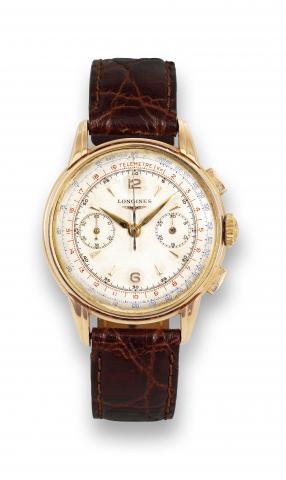 Longines Caliber 30CH Gold Chronograph.Longines, movement No. 8621289, case No. 120 5966 7..Made in the 1950s..Fine and rare, 18K pink gold, antimagnetic wristwatch.with square button chronograph, register, tachometer and.telemeter and an 18K pink gold Lo