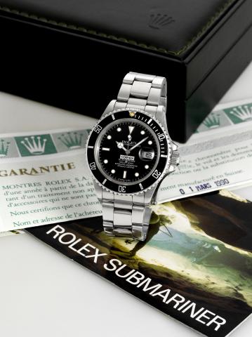 Rolex Ref. 168000, COMEX No. 6238.Rolex, Oyster Perpetual Date, Submariner, 1000 ft / 300.m, Superlative Chronometer, Officially Certified, case No..R381257, Ref. 168000/16800. Sold on March 1st, 1990..Fine and very rare, center seconds, self-winding, wat
