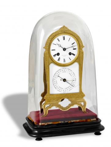 Bally _ Clock with Patent triple.Date Calendar.PH(ilib)ert Bally, Paris, No. 1223. Made circa 1860..Fine, rare and unusual, gilt brass, 8-day going.mantel clock with hour and half-hour striking, Bally