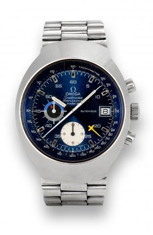 omega mark III.Omega, Speedmaster Professional.Mark III, Automatic, Ref. ST 176.0002..Made in the 1970s..Fine and rare, large, self-winding, waterresistant.tonneau-shaped, stainless.steel wristwatch with date, round button.chronograph, 12-hour register, c