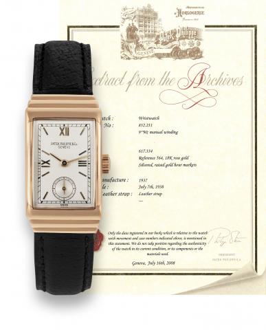 Patek Philippe Ref. 564.One of only two know examples in rose gold.Patek Philippe Co., Geneve, movement No. 832231, case.No. 617334, Ref. 564. Made in 1937, sold on July 7, 1938..Very fine and extremely rare, rectangular curved, 18K pink.gold, Art Deco 