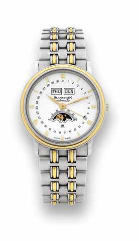 Blancpain Steel Gold Triple Date.Blancpain, Automatic, No. 3749, Ref. 6595. Made circa 2000..Fine, self-winding, water-resistant, stainless steel and yellow gold wristwatch with triple date, moon phases, age of the moon and a.steel gold Blancpain link