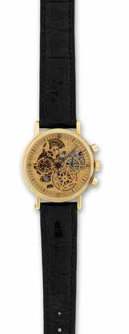 Breguet Skeleton Chronograph.Breguet, No. 2757 A. Made in the 1990s..Very fine and rare, skeletonized, 18K yellow gold.wristwatch with round button chronograph, registers and.an 18K yellow gold Breguet buckle. Accompanied by a.fitted box.