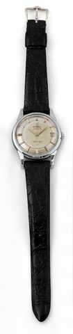 Omega Steel Constellation.Omega, Constellation, Automatic Chronometer, Calendar, movement No. 17218562, Ref. 14393/3 SC. Made in 1960..Fine, center seconds, self-winding, water-resistant, stainless steel chronometer wristwatch with date and a goldplated.O