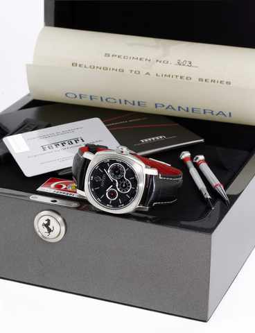 Panerai FER 00015 - Ferrari -.Perpetual Calendar.Engineered by Officine Panerai, Perpetual calendar, No..FB 212/247, case No. BB 1261384, Ref. F 6719. Made in.a limited series of 247 pieces to commemorate the 60th.anniversary of Ferrari in 2007..Fine, cus