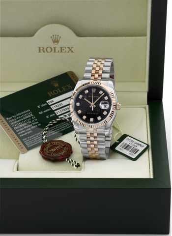 Rolex Ref. 116231 - Steel Pink Gold -.Black Jubilee Diamond Dial.Rolex, Geneve, case No. V127629, Ref.116231. Made in 2008..Fine, stainless steel and pink gold, center seconds, selfwinding.water-resistant chronometer wristwatch with.diamond-set dial, da