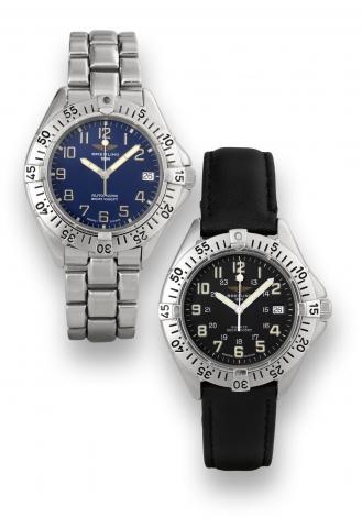 Lot of 2 Breitiling Colt.A) Breitling, 1884, Automatic, 300m.1000ft, case No. 4831, Ref. A17035..Made in the 1990s..Fine, water-resistant, self-winding, center.seconds, stainless steel wristwatch.with date and a stainless steel Breitling.Professional brac