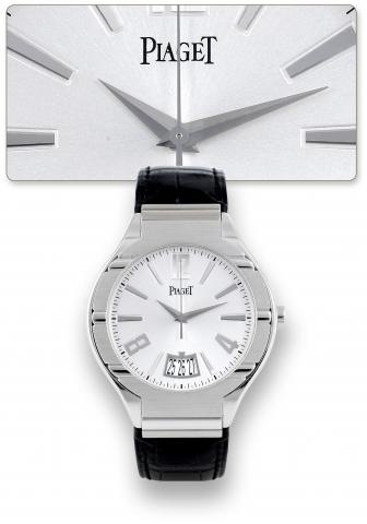 Piaget White Gold Grande Polo.Piaget, Grande Polo, case No. 958445, Ref. P10387. Made.circa 2007..Very fine, self-winding, water-resistant, center seconds, 18K.white gold wristwatch with large date and an 18K white gold.deployant clasp.