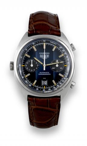 Heuer Carrera.Heuer, Carrera, Automatic Chronograph, No. 370743, Ref. 110.253. Made in the 1970s..Fine, self-winding, water-resistant, tonneau-shaped, stainless steel left-handed wristwatch with round button chronograph.registers, tachometer, date and a s