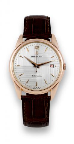 Breitling, Automatic, case.No. 605244, Ref. 5526. Made in.the 1960s..Fine and rare, center seconds.self-winding, 18K pink gold wristwatch.with date.