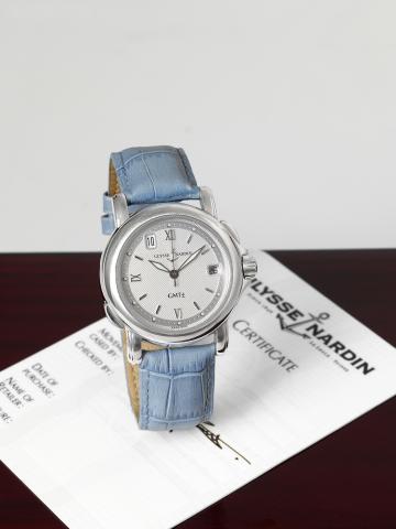 Ulysse Nardin GMT.Ulysse Nardin, Locle, Suisse,San Marco GMT, No. 5385.Ref. 203-22. Made circa 1995..Fine, center-seconds, self-winding, water-resistant, stainless.steel wristwatch with 24-hour second time zone, date and.a stainless steel Ulysse Nardin bu