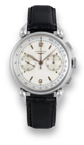 Longines FlyBac k.Chronograph.Cornes De Vache.Longines, movement No. 7700965, case.No. 23505 29. Made in the 1940s..Fine and rare, stainless steel wristwatch.square button fly-back chronograph.register and tachometer..To be sold without reserve