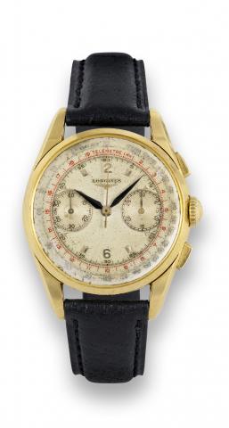 Longines Caliber.30CH Gold FlyBack.Chronograph.Longines, movement No. 10039186.case No. 6595 6 56. Made in the 1950s..Fine and rare, 18K yellow gold.antimagnetic wristwatch with square.button fly-back chronograph, register.tachometer and telemeter..To be 
