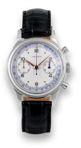 Longines Caliber 30CH FlyBack.Chronograph.Longines, Chronograph, movement No. 8728998, case.No. 6474 7 24. Made in the 1950s..Fine and rare, water resistant, stainless steel wristwatch with.round button fly-back chronograph, register, tachometer and.a sta