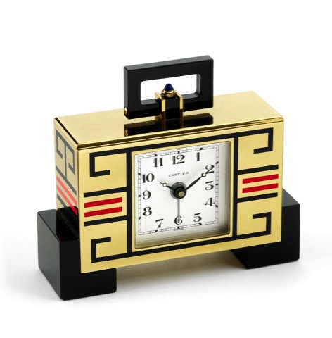Cartier Art Deco Style Clock.Must de Cartier, No. 04604, Ref. 8914..Made circa 1990..Fine, gilt-brass quartz desk clock with.alarm, made in the Art Deco style..To be sold without reserve