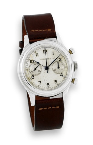 Longines - Cal. 13ZN - Flyback Chronograph.Longines, Chronograph, movement No. 7222748, case.No. 23432, Ref. 30. Made in the 1940s..Fine and rare, stainless steel wristwatch with round button.fly-back chronograph, register and a stainless steel Longines.b