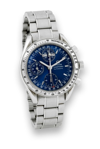 OMEGA TRIPLE CALENDAR SPEEDMASTER.Omega, Speedmaster, Ref. 175 0044. No.57014356. Made.circa 2001.Fine, self-winding, stainless steel wristwatch with round.button chronograph, registers, triple date, steel bezel.with tachometer and a stainless steel Omega