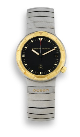 IWC - Porsche Design - Titanium - Ocean 500.International Watch Co., Schaffhausen, Porsche Design.Ocean 500, case No. 2527429, Ref. 3503. Made.circa 1980..Fine, center seconds, self-winding, water-resistant, titanium.and yellow gold wristwatch with date, 