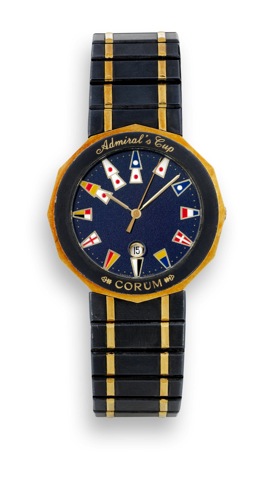 Corum - Quartz - Admiral 's Cup.Corum Admiral's Cup, case No. 414771, Ref. 9981031 V 52..Made in 1987..Fine, dodecagonal, center seconds, water-resistant, ceramic.and 18K yellow gold quartz wristwatch with date and an.integral ceramic and 18K yellow gold 