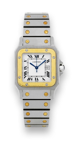 Cartier Steel Gold Santos.Cartier, Santos, Automatic, case No. 296176016, Ref. 2380. Made in the 1990s..Fine, square, center seconds, self-winding, water-resistant, stainless steel and 18K yellow gold wristwatch with.date and an integrated brushed stain