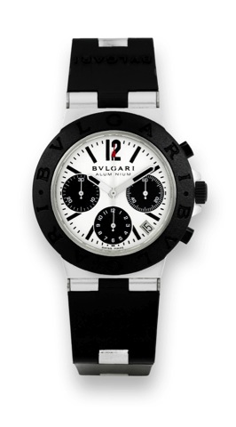 Bulga ri Aluminum Ch ronograph.Bulgari, Aluminum and Rubber Automatic Chronograph, case No. L 4376, Ref. AC 38 TA. Made in the late 1990s..Fine, self-winding, aluminum and rubber, water-resistant, wristwatch with oval button chronograph, registers.date, o