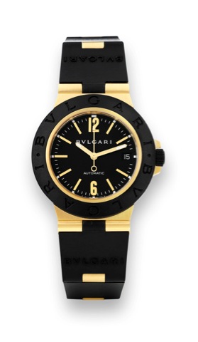 Bulgari Yellow Gold _ Sport _ Scuba.Bulgari, case No. L 431, Ref. AL 38 G. Made circa 2006..Fine, center seconds, self-winding, water-resistant 18K yellow.gold, titanium and rubber diver's wristwatch with date.rubber strap with reinforced yellow gold hing