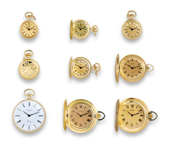 Twelve New Old Stock Pocket Watches.Favor Stowa, Swiss. Made in the 1960s..Fine, collection of twelve new old stock gold keyless dress watches and lady